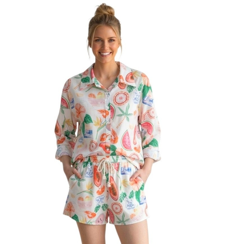 Beulah Tropical Fruit Floral Shrimp Shirt & Short Set Women's Size‎ Large Resort